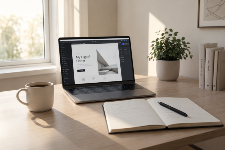 لپتاپ روی میز با صفحه یک وبسایت شخصی در حال طراحی